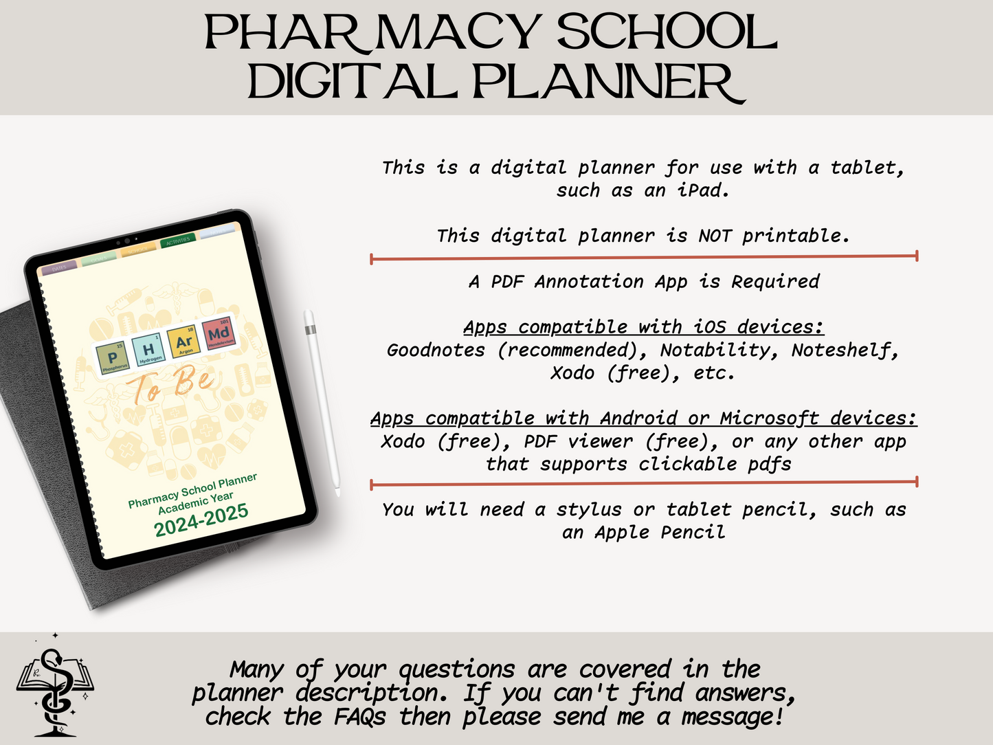 Pharmacy Student Digital Planner | DATED 2024-2025 Pharmacy School Academic Planner |  Periodic Table Cover