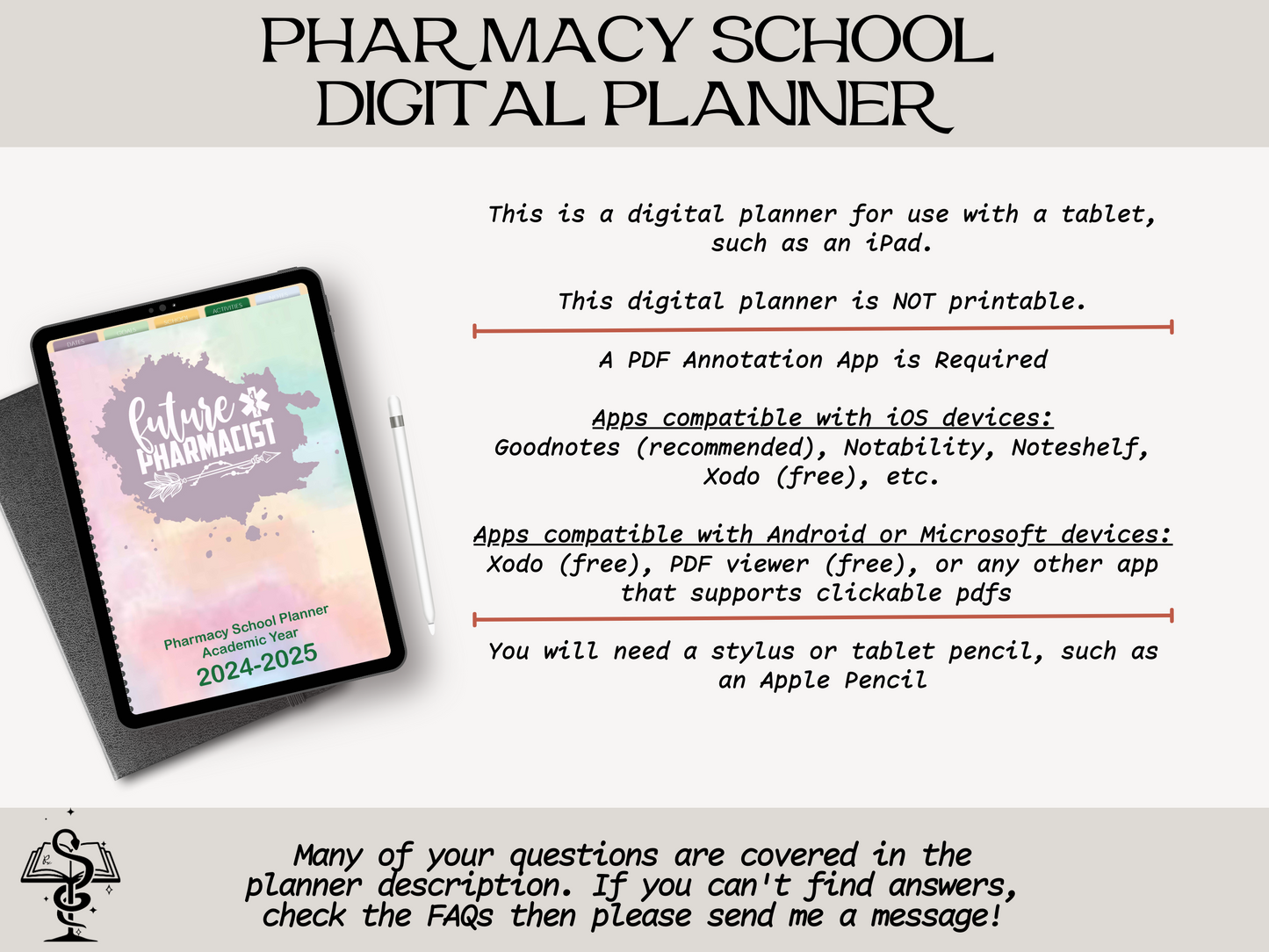 Pharmacy Student Digital Planner | DATED 2024-2025 Pharmacy School Academic Planner |  Tie Dye Cover