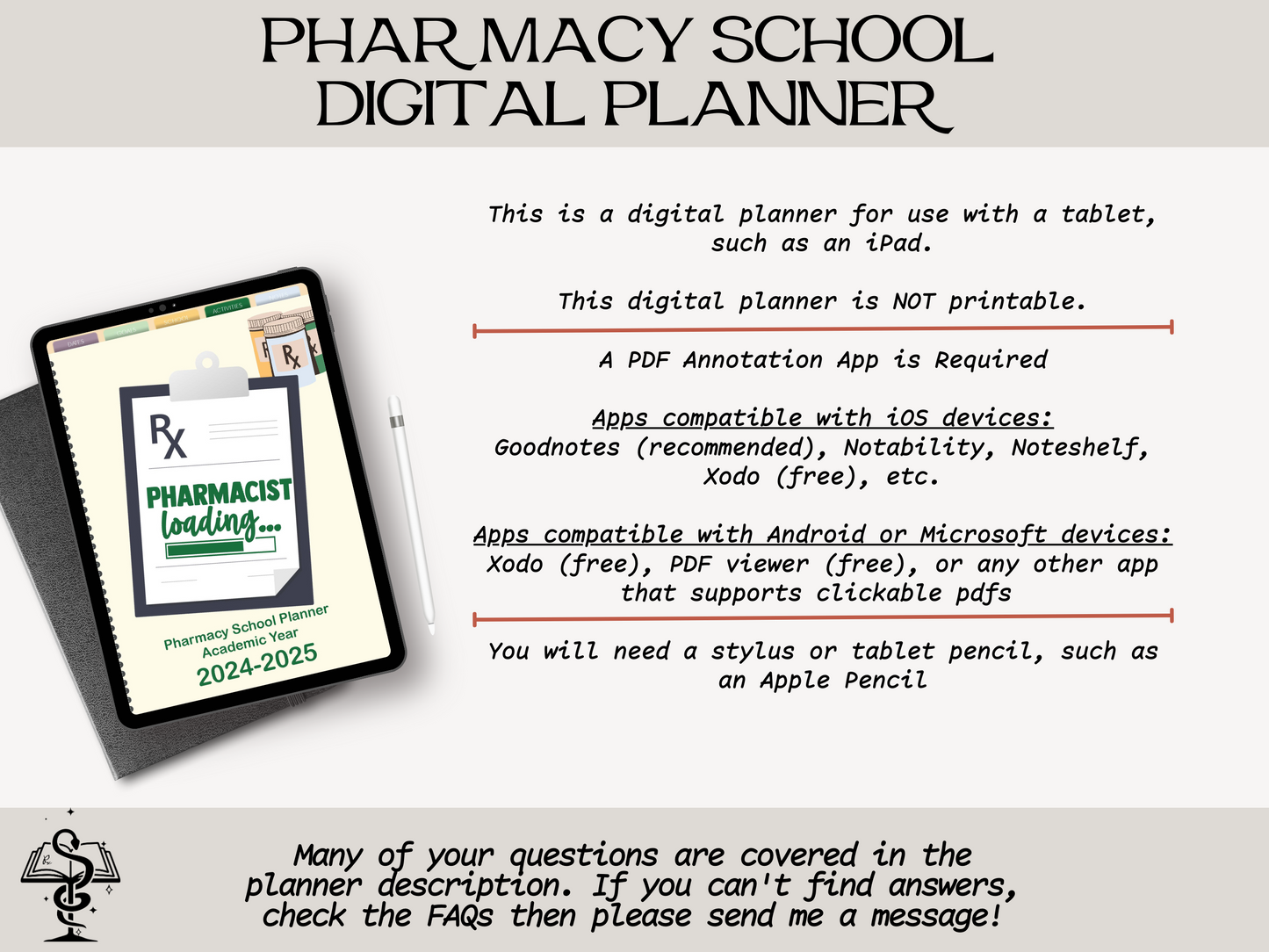 Pharmacy Student Digital Planner | DATED 2024-2025 Pharmacy School Academic Planner | Prescription Pad Cover