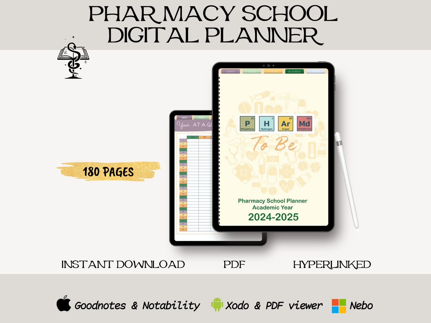 Pharmacy Student Digital Planner | DATED 2024-2025 Pharmacy School Academic Planner |  Periodic Table Cover