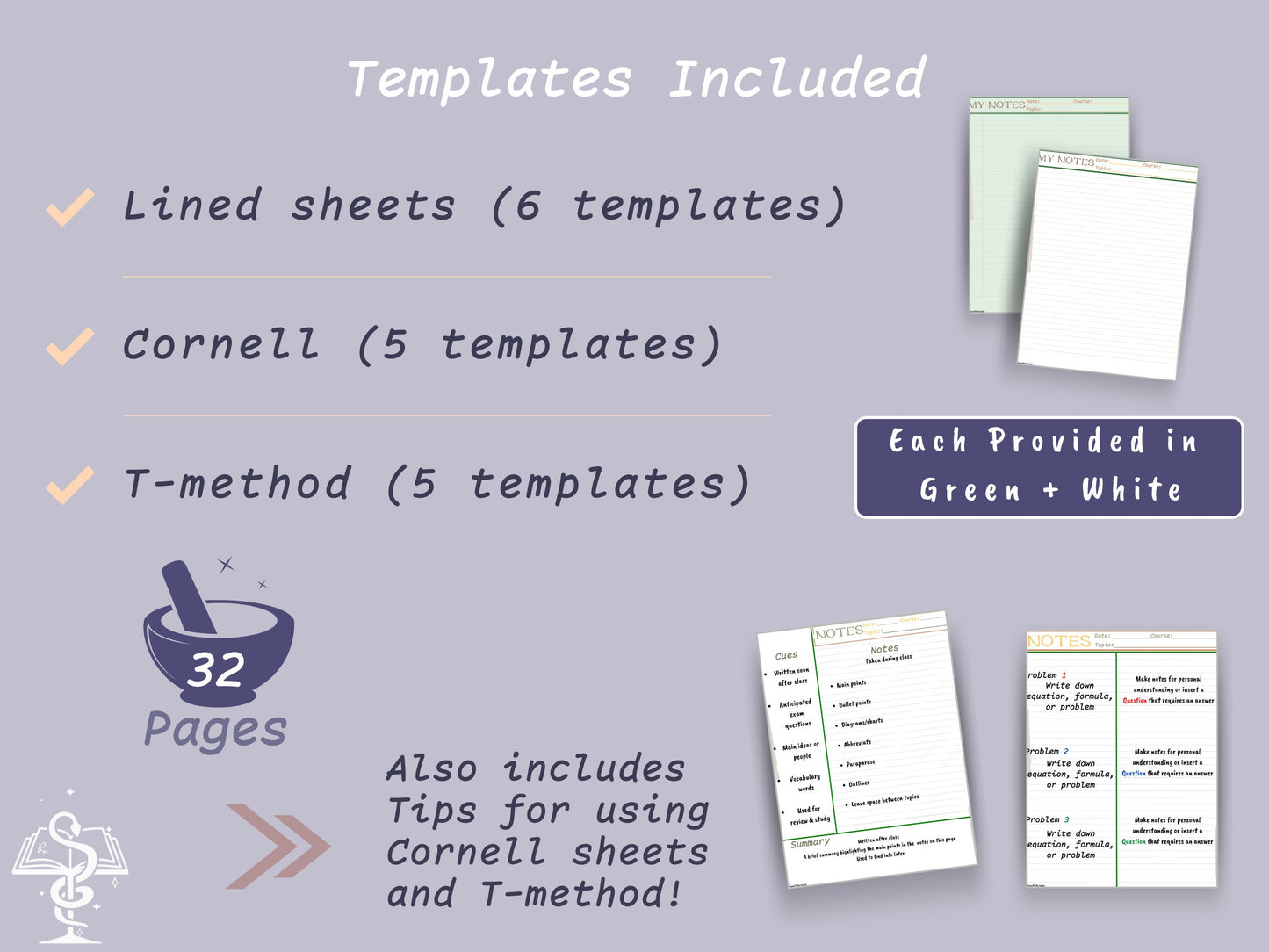 Digital Note Templates | Lined Sheets | Cornell Notes | T-method | Pharmacy Student